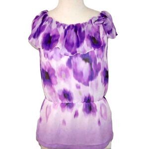 Jennifer Lopez Shirt Top XS Off Shoulder Sleeveless Rosette Purple White Chiffon